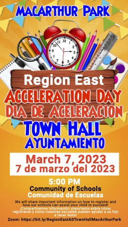 Please join us at our Town Hall meeting on March 7, 2023, at 5 PM. Learn about the Spring Acceleration Days. 
Únase con nosotros en nuestra reunión del Foro Comunitario el 7 de marzo a las 5 PM.  Aprenda sobre los Días Aceleración de Primavera. 
Link: lausd.zoom.us/j/87030408690