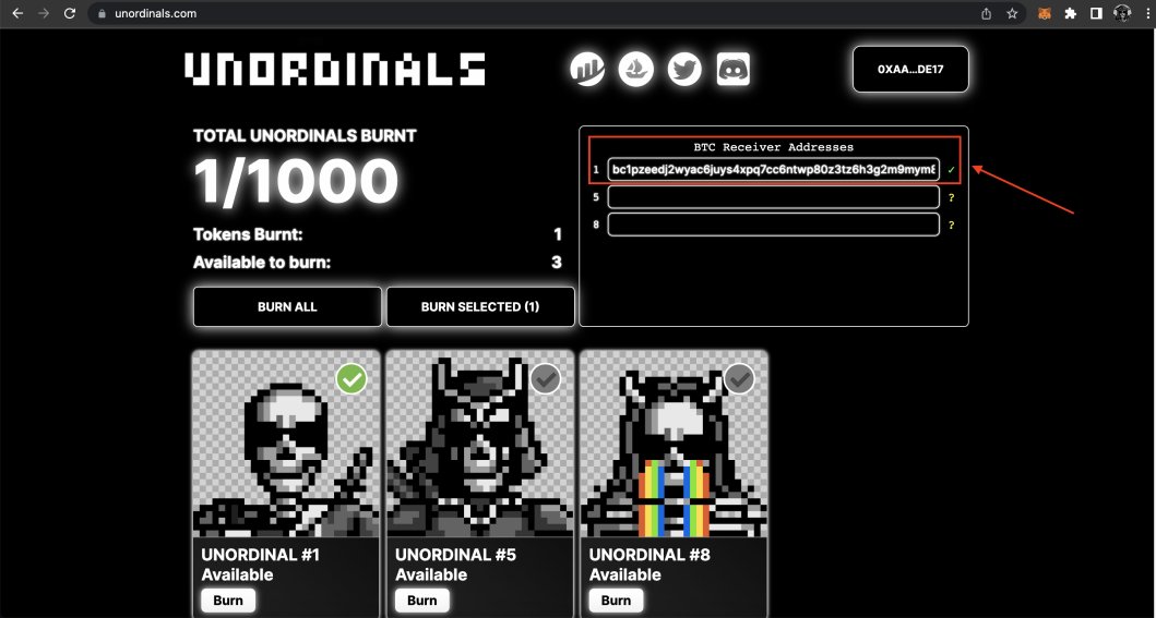 Step 3

Add your Hiro or whichever your Ordinals BTC receiver address is into the token ID which you will be burning (as shown in the picture)