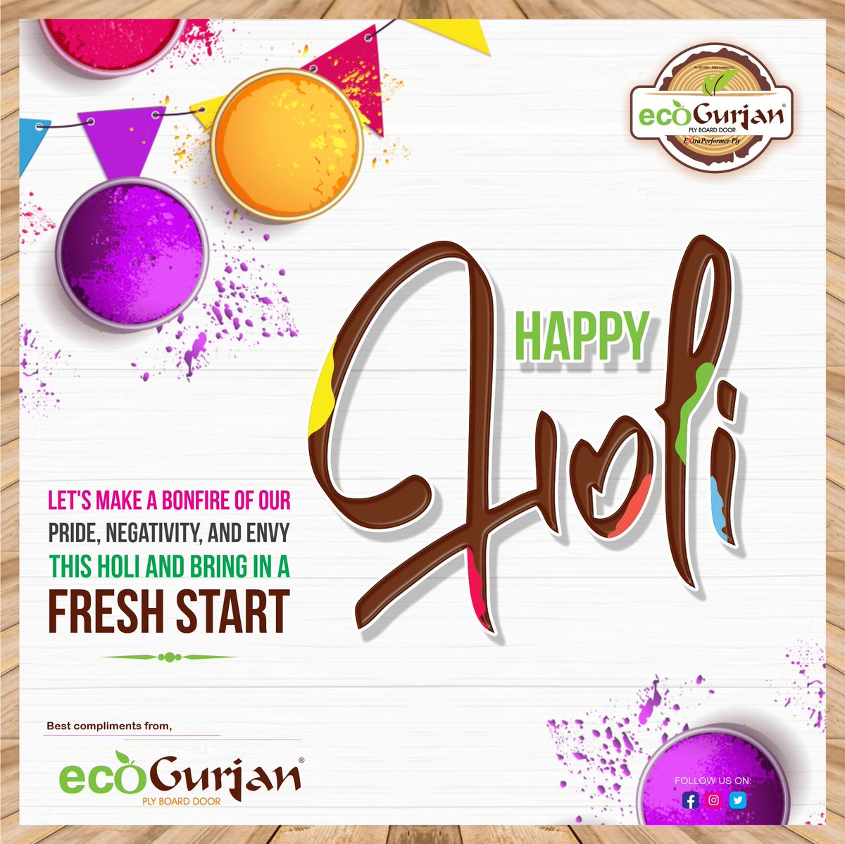 EGurjan's tweet photo. Let's make a bonfire of our pride, negativity, and envy this Holi and bring in a fresh start.
Wish you all a very Happ Holi!
.
Best compliments from the team, Eco-Gurjan
#holikadahan #holi #happyholi #holifestival #festivalofcolors #holika #indianfestival #plywood  #ecogurjan https://t.co/TrzM1FNuGb