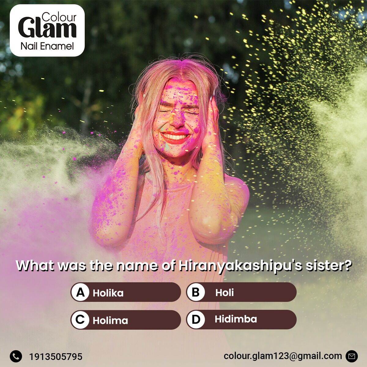 colourglam_'s tweet photo. #QuizTime What was the name of Hiranyakashipu's sister?
A. Holika
B. Holi
C. Holima
D. Hidimba

#quiz #loinlord #festival #holi #quizzes #facts #narshimaarati #india #iskconvrindavan #dailyquiz  #mayapur #iskconmayapur #iskcon #prahladmaharaj #hiranyakasipu #narshima https://t.co/NpoQ9kYW1A