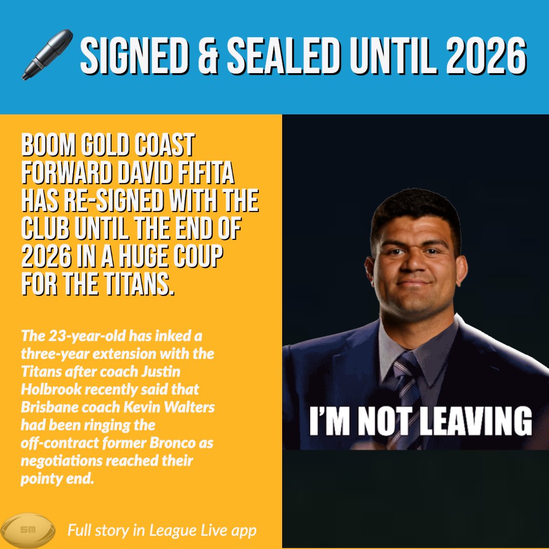 leagueLIVE_app's tweet photo. 🖊️ FIFITA COMMITS! 

The @GCTitans have received a massive boost and staved off late interest from Brisbane to secure boom back-rower David Fifita for three more years.

READ MORE: https://t.co/BckI6efp90 https://t.co/3RyxoMy7Mk