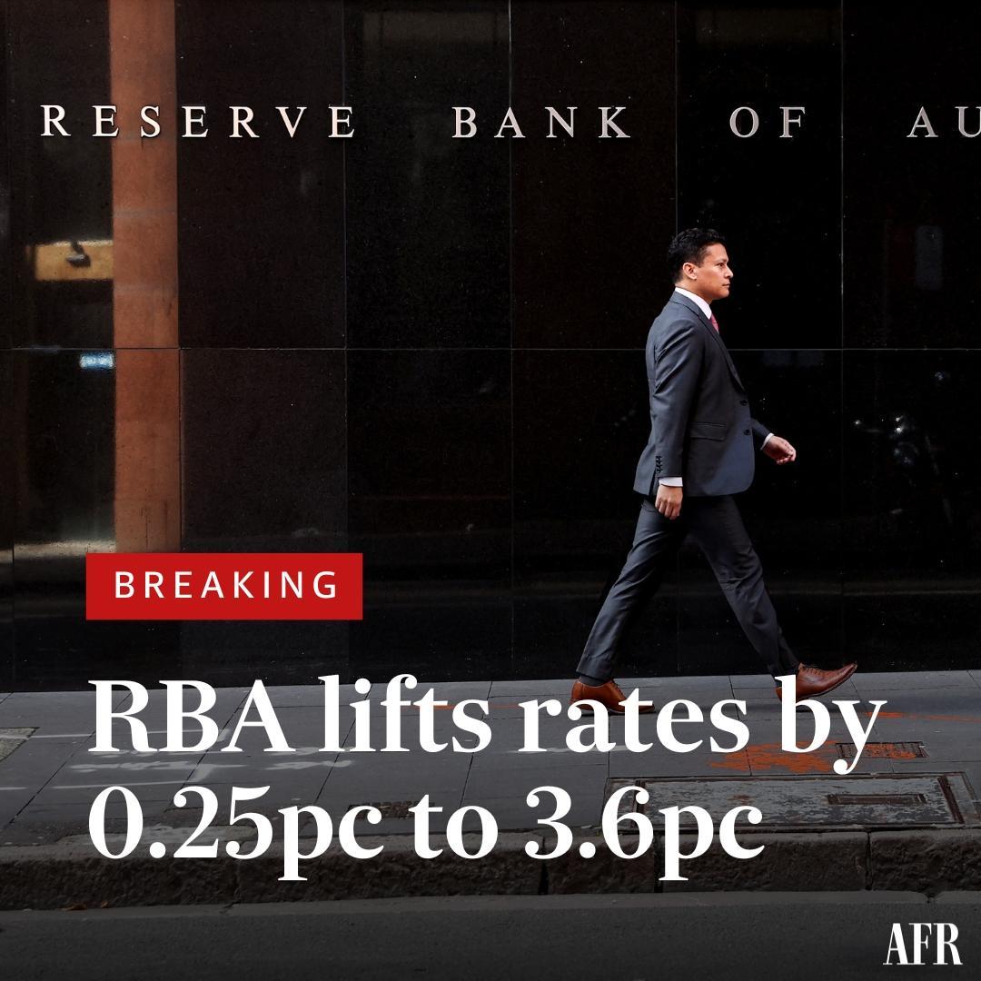 The Reserve Bank has delivered its tenth consecutive interest rate increase, lifting the cash rate by 0.25 percentage points to a decade-high 3.6 per cent. Follow updates here: bit.ly/3JizQ8B