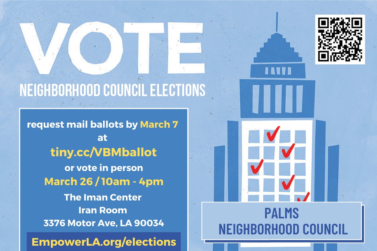 PalmsNC's tweet photo. Do you hear that sound? It is the sound of the clock ticking because time is running out to request your Vote By Mail ballot. Request your ballot at tinycc/VBMballot or chill and vote in person on March 26th 10am to 4pm at the Iman Center, Iran Room at 3376 Motor Ave. #PalmsNC https://t.co/X5OnkDvQvd