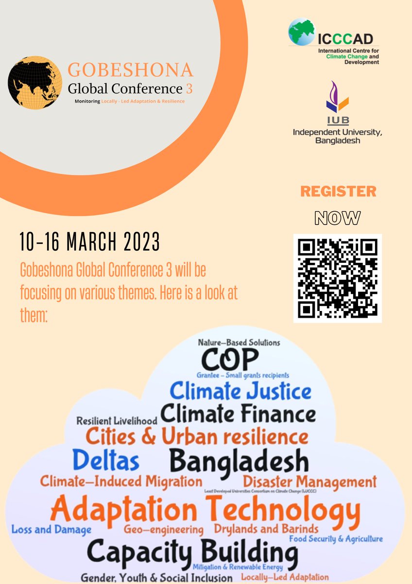 Gobeshona Global Conference 3 will be focusing on various climate-related themes! 

Registration is open now so don’t forget to register and be part of the conversation! 

To register scan the QR code below or visit: whova.com/portal/registr…

#Gobeshona #GGC3 <a href="/SaleemulHuq2/">Saleemul Huq</a>
