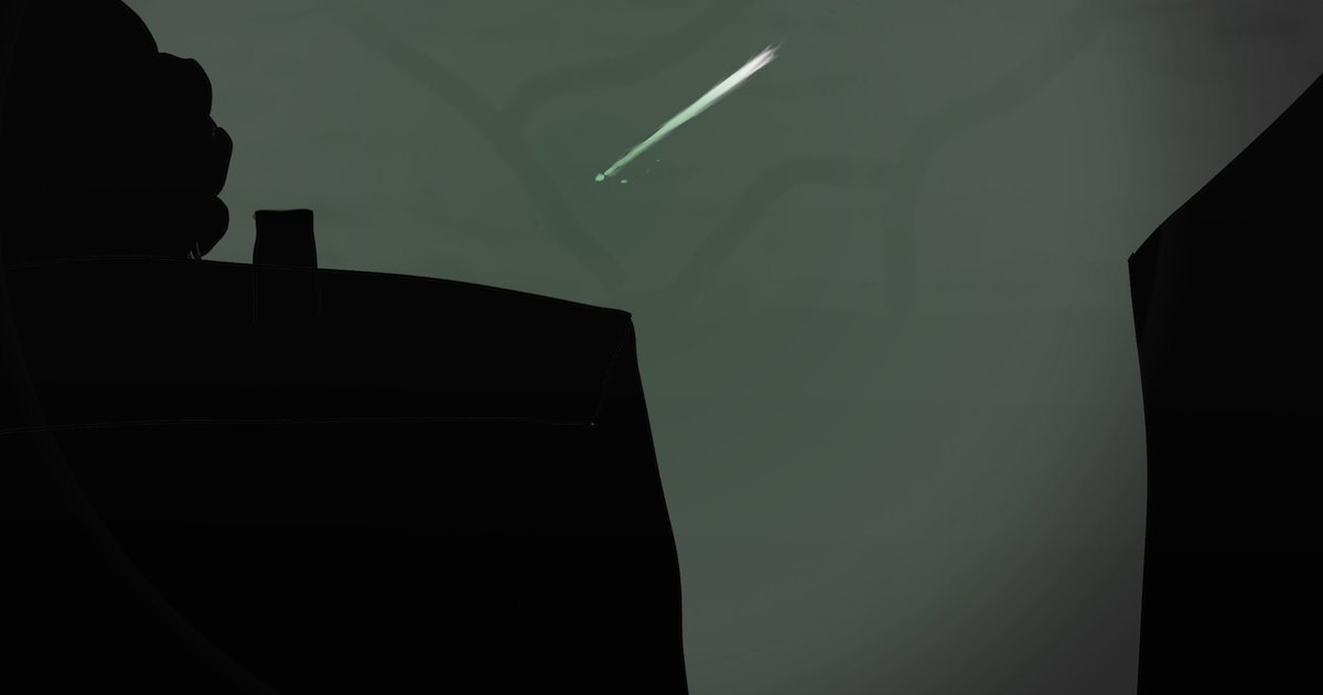 CryptidRobin's tweet photo. I was outside talking to my dad about UFOs when an insane coincidence happened. My dad yelled “look! Look!” and pointed behind me and the sky lit green, and we both saw a bolide fall out of the sky. Looked like it fell about 10-15 km away. The first thing I did after was draw it. https://t.co/xBnUl0rIfE