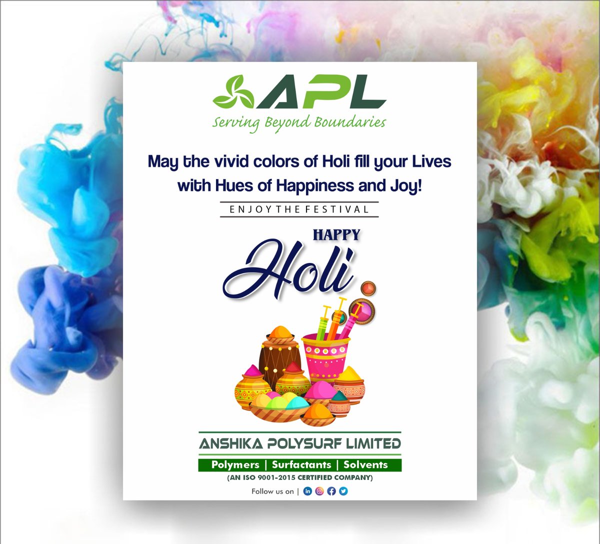 Festivals are founders of life and the Holi is the best exponent of it. So, enjoy the festival of colors. 
#Anshikapolysurf #APL #surfactants #Polymers #Solvent #specialitychemicals #chemicalindustry #Happyholi