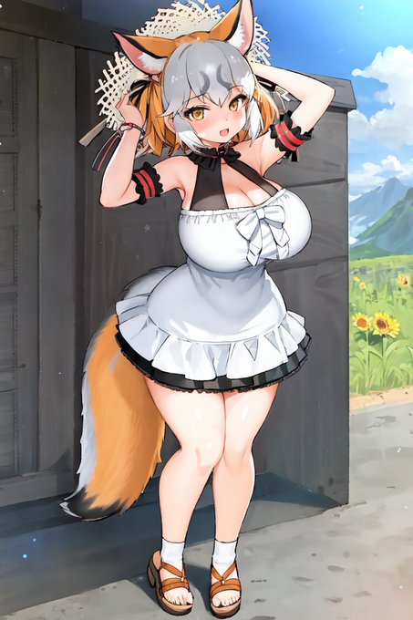 AI描きプログラムでシマハイイロギツネのけもV服の違う姿を作ってみました。胸を網で覆う服装を表現するキーワードが分からなくて「cross」キーワードで書きました🌻🦊

#けものフレンズ
#stablediffusion 
#AIイラスト #AIart 