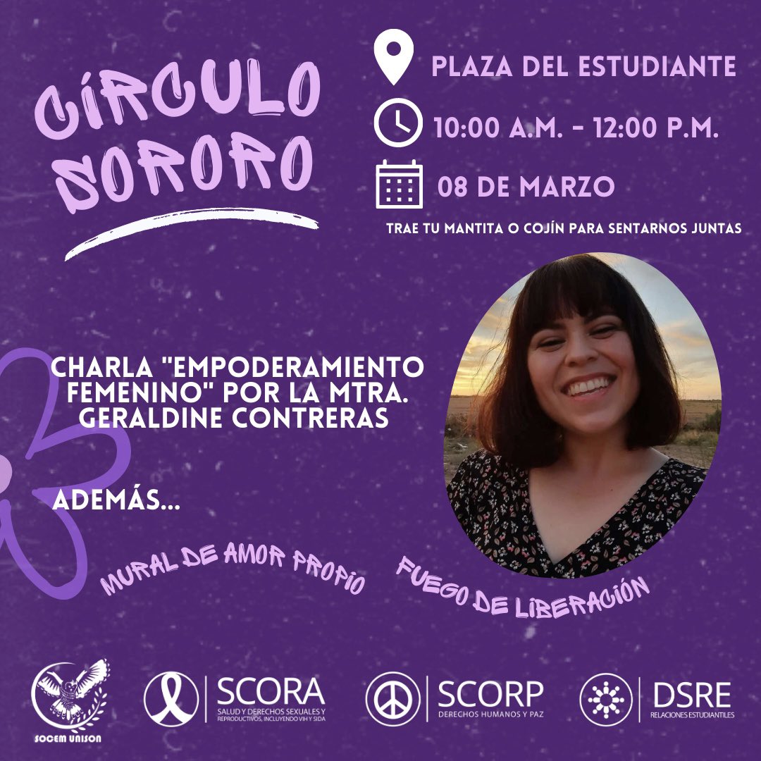 SOCEMUNISON's tweet photo. SOCEM UNISON te invita al Círculo sororo, en conmemoración por el día internacional de la mujer. 💜💚

Este 08 de marzo de 10 a.m a 12:00 p.m en la Plaza del Estudiante de la Universidad de Sonora

#8M #JUNTASSOMOSMÁSFUERTES #NIUNAMENOS https://t.co/15wtazxVTU