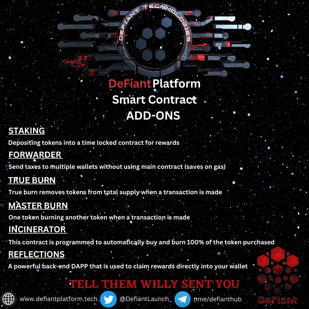 CryptoWilly88's tweet photo. @cryptojack GM
Any Projects planning to build on any blockchain,
Look no further then #DefiantPlatform
@DeFiantLaunch_ can help you with:
•Smart contracts featuring
ETH forwarder, Staking, True Burn & Master Burn
•Launch your project
•And Additional Services
#Crypto #NFTs #ETH #BNB https://t.co/mSbx3Eotv6