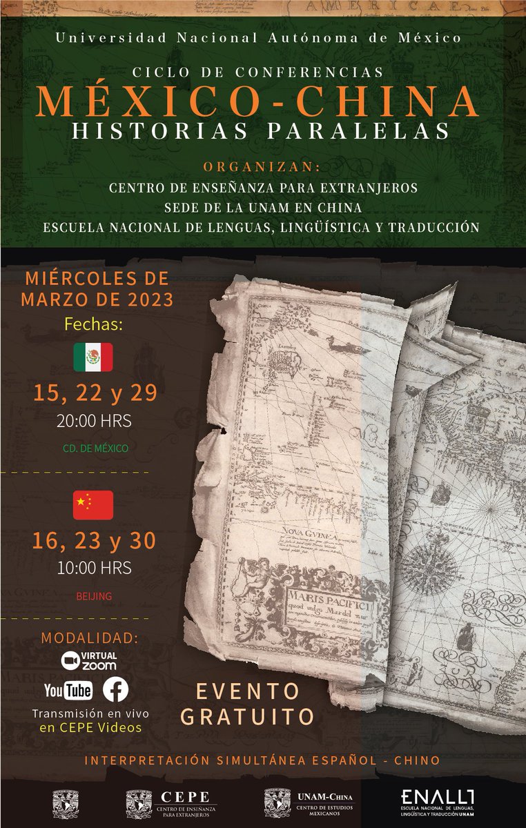 #CicloDeConferencias "𝐌𝐄́𝐗𝐈𝐂𝐎-𝐂𝐇𝐈𝐍𝐀. 𝐇𝐈𝐒𝐓𝐎𝐑𝐈𝐀𝐒 𝐏𝐀𝐑𝐀𝐋𝐄𝐋𝐀𝐒"  

🇲🇽Marzo 15/ 20:00 Hrs.   🇨🇳 Marzo 16 /10:00 Hrs.

📌Evento gratuito dirigido al público/ #EntradaLibre
 
#TransmisiónEnVivo por Youtube CEPE-VIDEOS o #FBLive 
 #EventosUNAM #culturamexicana