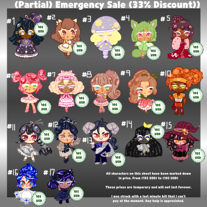 33% Discount on characters I have yet to sell. 

I need help so I can pay my water bill. Discount won't be around too long. Doesn't help I was hit with the sudden overpayment because the landlords didn't tell us all our waterbills went up
#cookierunkingdom #cookierunoc #adoptable