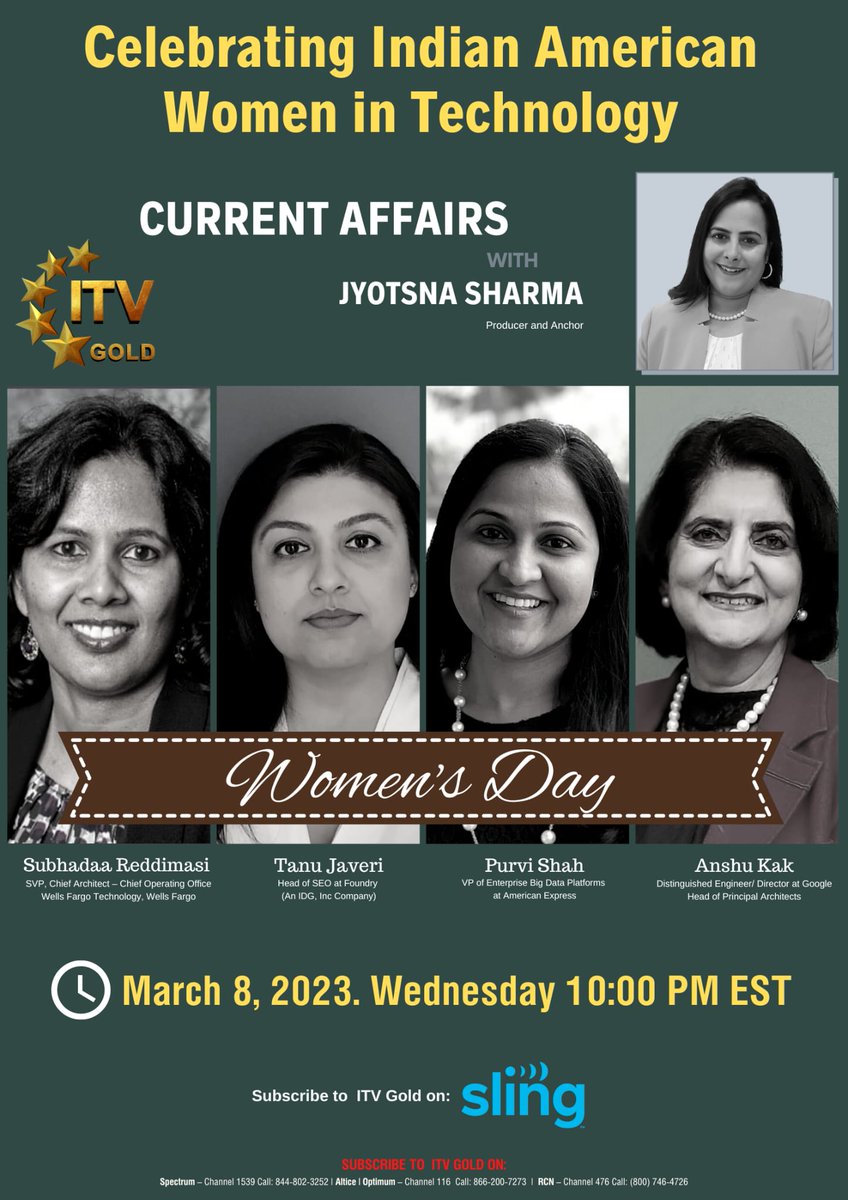 Let's celebrate 'Indian American Women in Technology' this March 8th on @ITVGold in my show ' Current Affairs with Jyotsna Sharma'. They have great stories to inspire and guide the young women looking to make it big in corporate & Tech world. @AmericanExpress @WellsFargo @Google