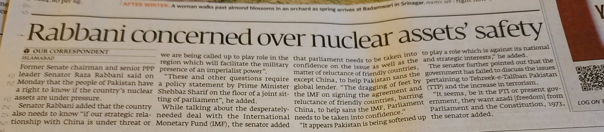 Sen Rabbani has raised issue on many of our minds & he has I am sure memory of  previous attempts at 'freezing' our nuclear prog. Fact is US   demands 4 compromises from Pak: freeze on NW prog; stop dev/deployment of Nasr, LRBM & MIRVs; allow India NSG mbrshp; accept FMCT in CD.