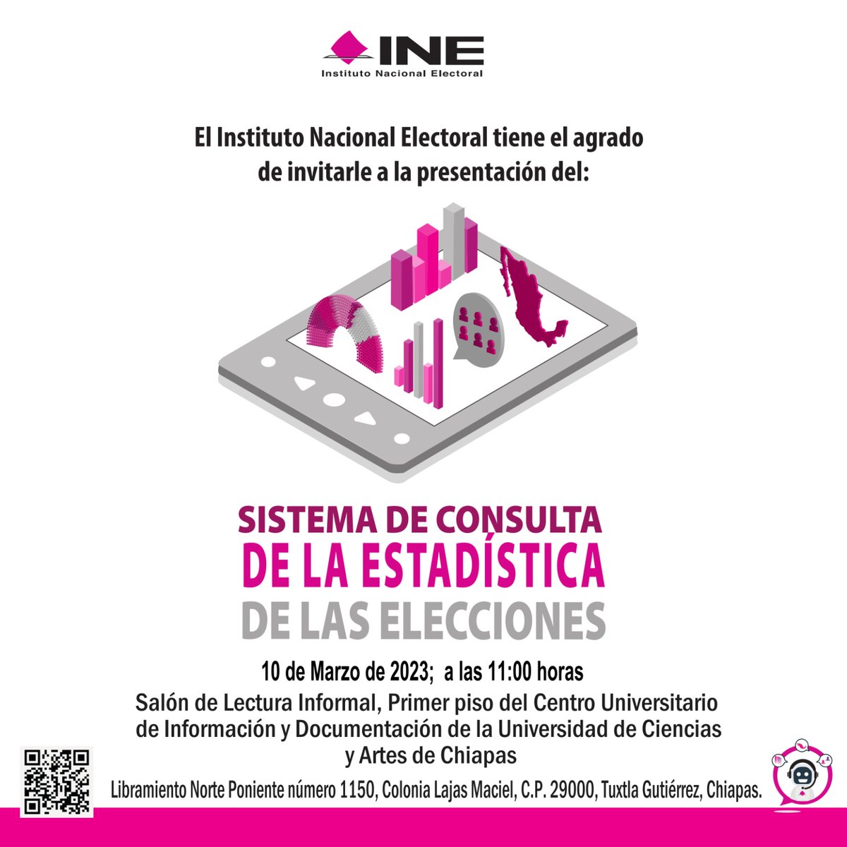 INE_Chiapas's tweet photo. NO TE LO PIERDAS || #INEChiapas te invita al evento “Los datos hablan: presentación del Sistema de Consulta de la Estadística de las Elecciones (SICEE), y del Estudio Muestral de Participación Ciudadana 2021”

Te esperamos ⤵️
📅 10 de marzo
🕙 11:00 hrs
📍 #Unicach @Unicach_Press https://t.co/5Rb9mPZmmG