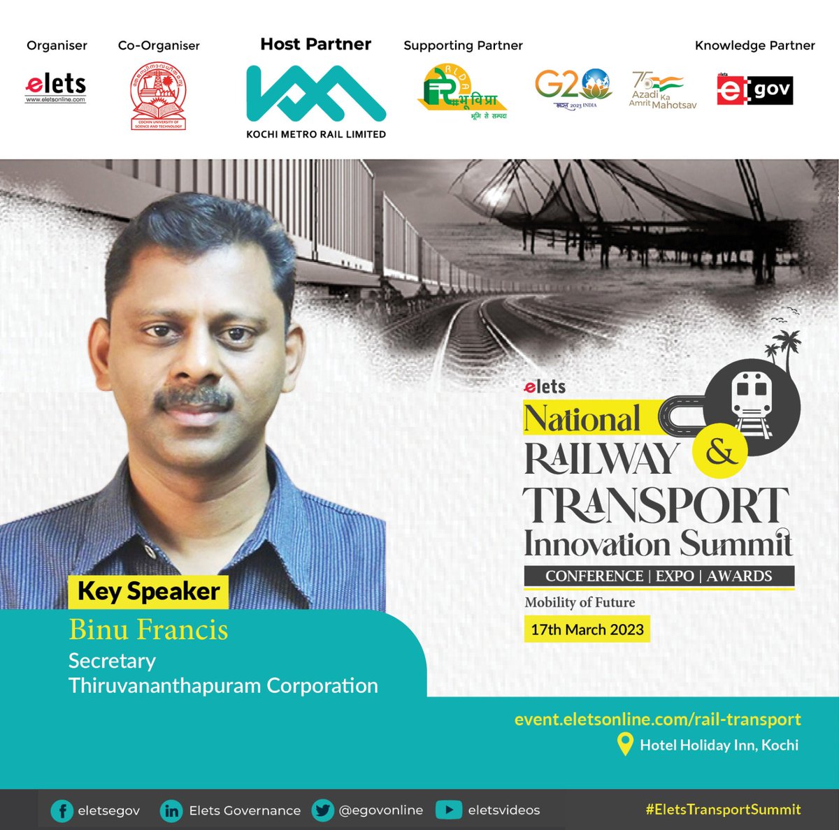 egovonline's tweet photo. We are pleased to welcome Binu Francis, Secretary, Thiruvananthapuram Corporation as a Key Speaker at Elets National Railway &amp; Transport Innovation Summit.

Express your interest: https://t.co/pRqYRRK9y7

#EletsTransportSummit #InnovationinTransportation #RailwayTransformation https://t.co/WltQCWDBxT
