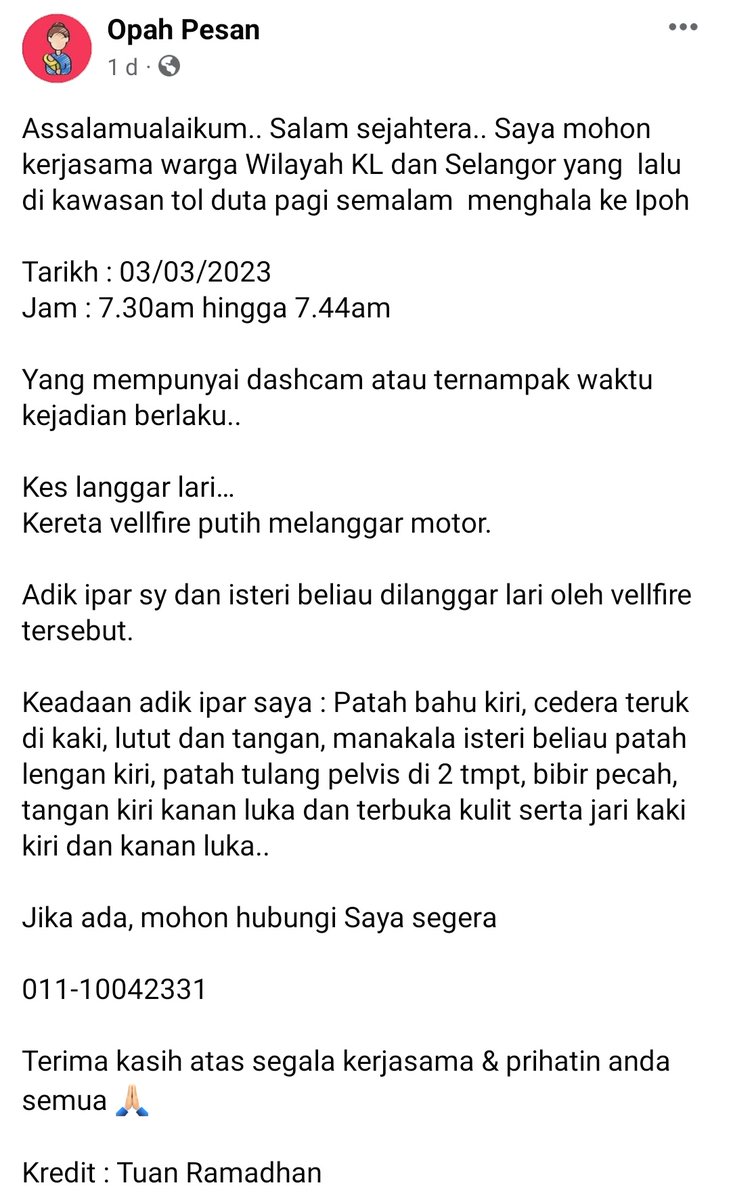 makcikhijau_'s tweet photo. Difahamkan kenderaan Vellfire putih yang melanggar mangsa adalah milik anak mantan PM. Hanya 2 buah Vellfire putih berada di atas jalan berkenaan ketika kejadian. Diharapkan pihak PLUS boleh rujuk CCTV untuk membantu mangsa berkenaan. https://t.co/Dja6tfmqWf