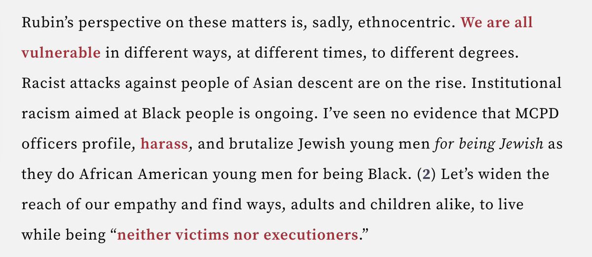 A textbook example of how for some people #JewDontCount. Criticizing concern about the many anti-semitic acts in high schools in Montgomery County as 'ethnocentric' because other groups of people experience violence and discrimination? Painful to read.

montgomeryperspective.com/2023/03/06/sec…