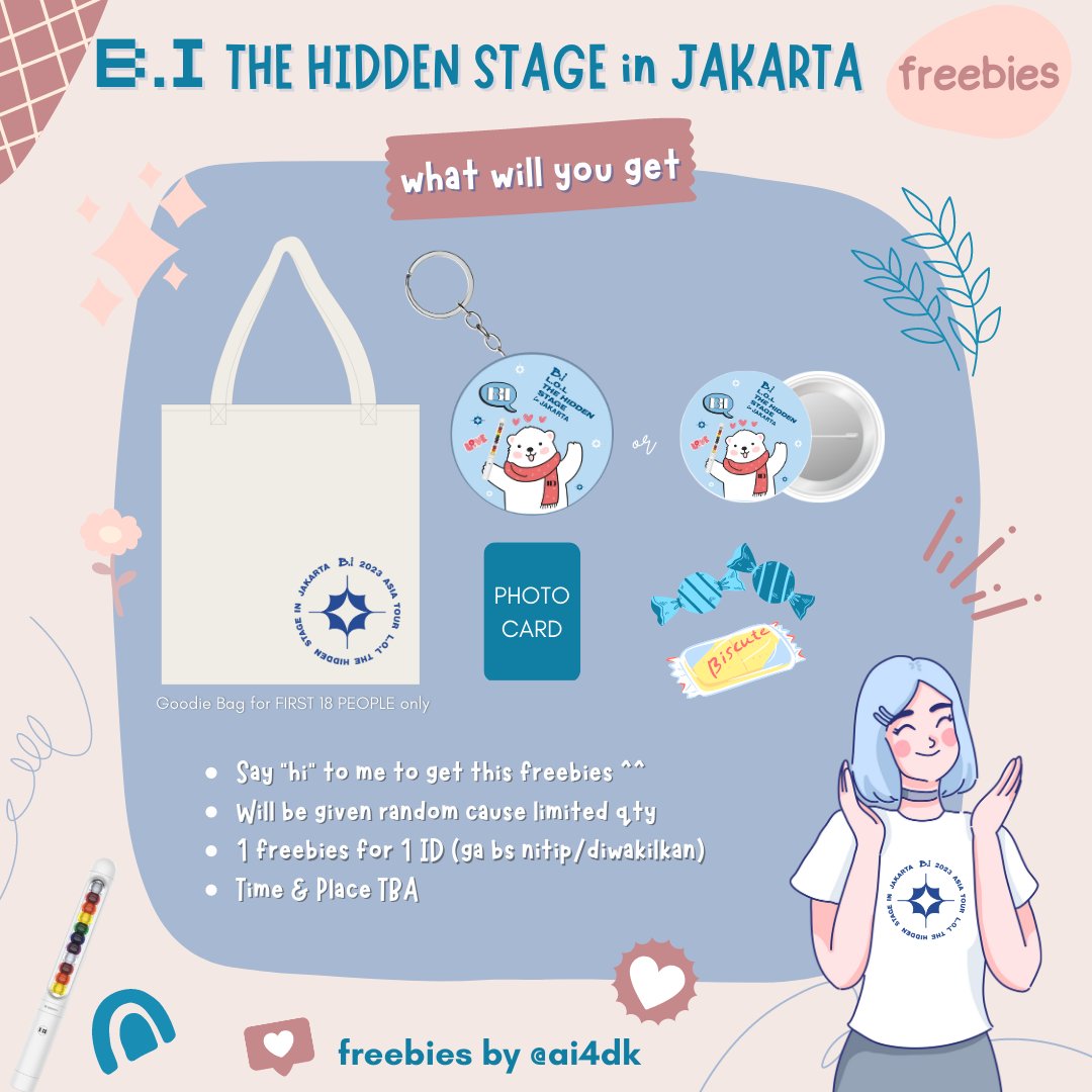 ai4dk's tweet photo. B.I L.O.L The Hidden Stage in Jakarta 
Freebies from @ai4dk

🗓 10.03.2023
📍The Kasablanka Hall
⏰  TBA
🎁 Limited qty
🛍️ only for first 18 IDs

Likes &amp; RT/QRTs are appreciated

Q

#BI_LOLTheHiddenStageinJKT  #HANBIN #비아이 https://t.co/ibUufa4dtN