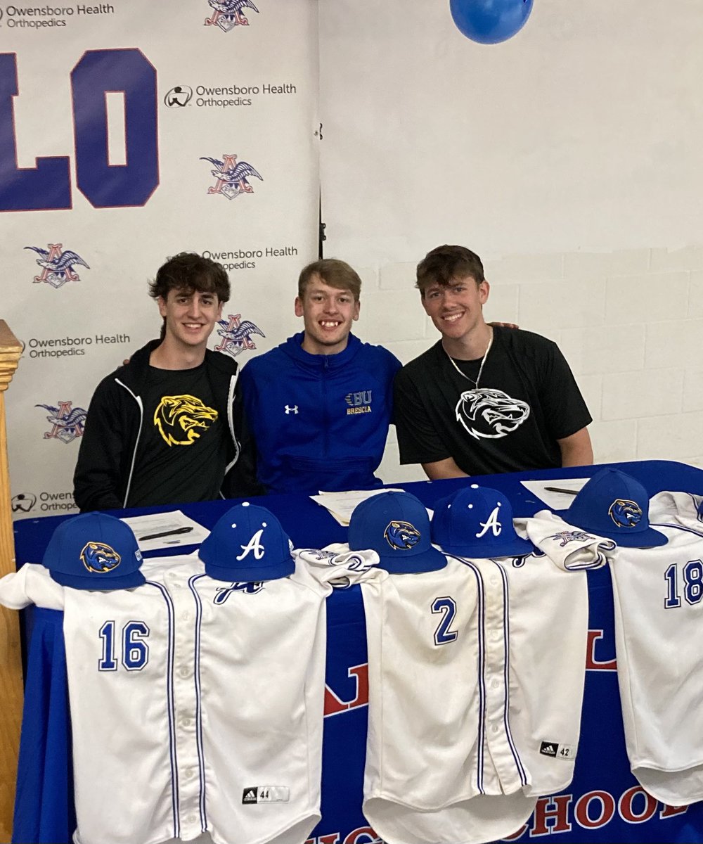 BresciaBaseball's tweet photo. The Apollo HS to Brescia connection continues! Congratulations to Braxton, Cayden, and Hayden on signing their LOI’s today! We’re very excited for these young men! @AHSBaseball1 @crabtree_cayden @braxtonfraney @HaydenCash2316 https://t.co/I0QiZkisLl