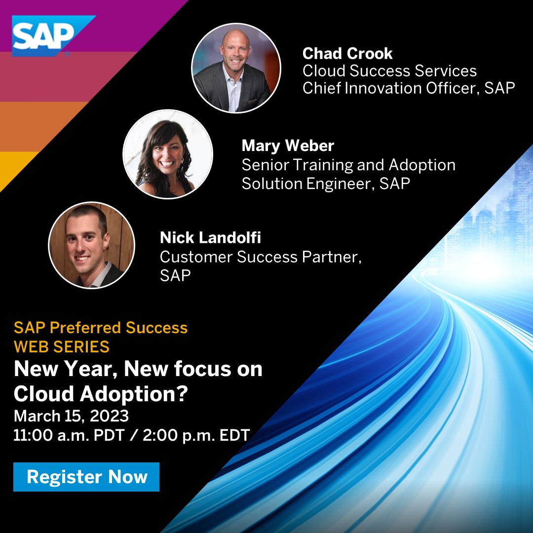 #SAP Customers! Join SAP #Cloud adoption experts, Chad Crook, Mary Weber, and Nick Landolfi on March 15th to learn about strategies and best practices to accelerate your cloud transformation plan. Register today at imsap.co/60183LpWO.