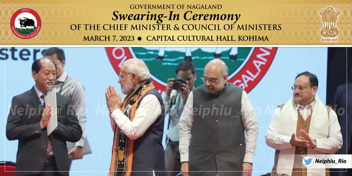 Neiphiu_Rio's tweet photo. Honoured and humbled to be sworn-in as the Chief Minister of Nagaland in the presence of the Hon'ble @PMOIndia Shri @narendramodi ji, Hon'ble @HMOIndia Shri @AmitShah ji, Shri @JPNadda and other dignitaries and well-wishers in attendance. https://t.co/XDWeWFj6lq