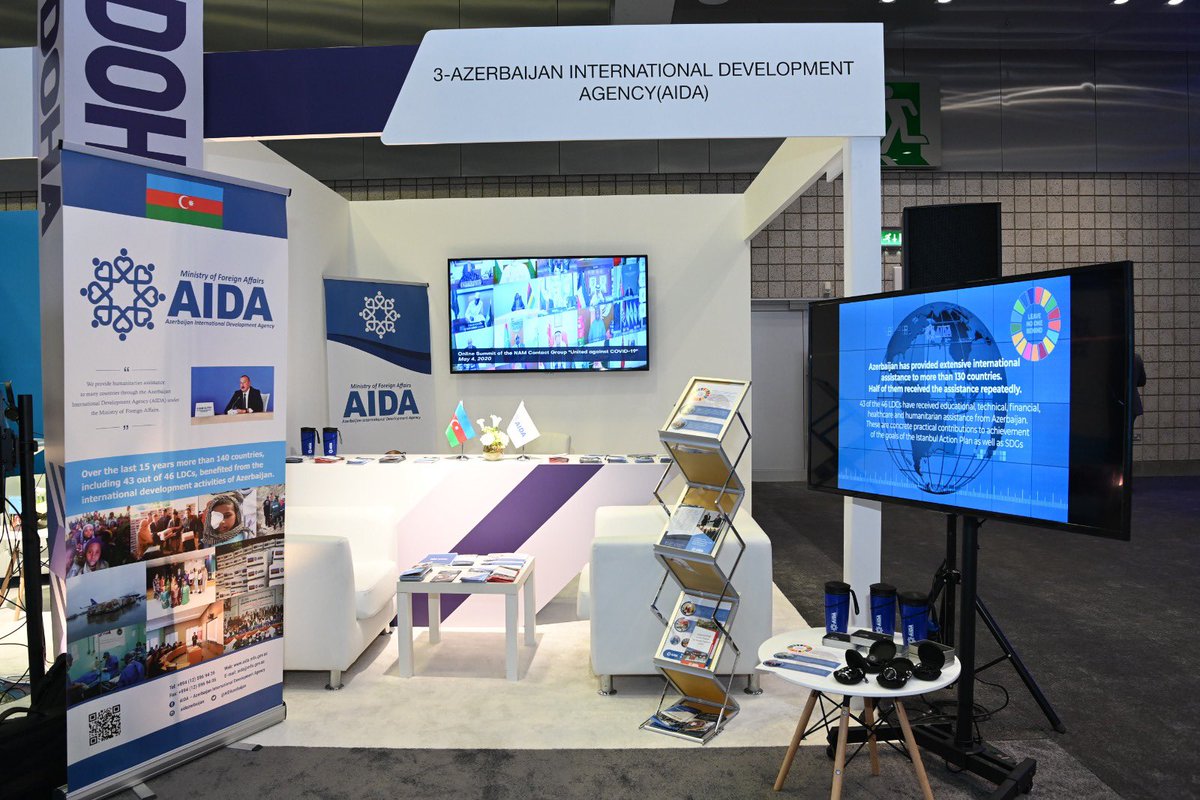 AIDAzerbaijan's tweet photo. #AIDA organized a booth at the Exhibition of #LDC5 #Doha conference held on 5-9 March/23. Video &amp; print materials presented at the booth showcase important aid activities of #Azerbaijan pertinent to the LDCs, such as, poverty eradication, health, education, environment and more. https://t.co/aqw35sXDv3
