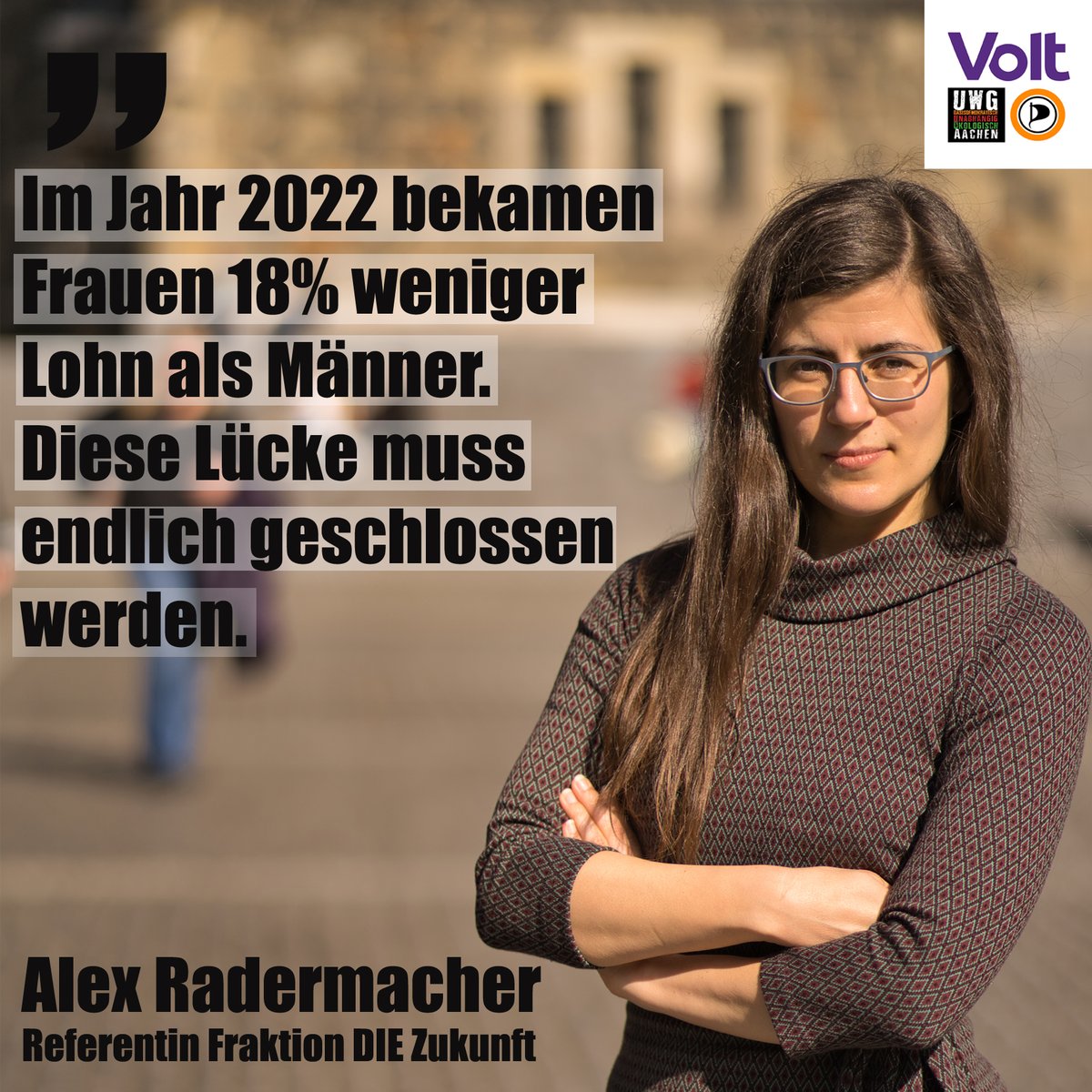 ZukunftAC's tweet photo. "Im Jahr 2022 bekamen Frauen 18% weniger Lohn als Männer. Diese Lücke muss endlich geschlossen werden" @AlexvanAken1 #ratac #aachen #EqualPayDay #GenderPayGap #volt #uwgaachen #piraten #uwg https://t.co/ZebvhM4FyL