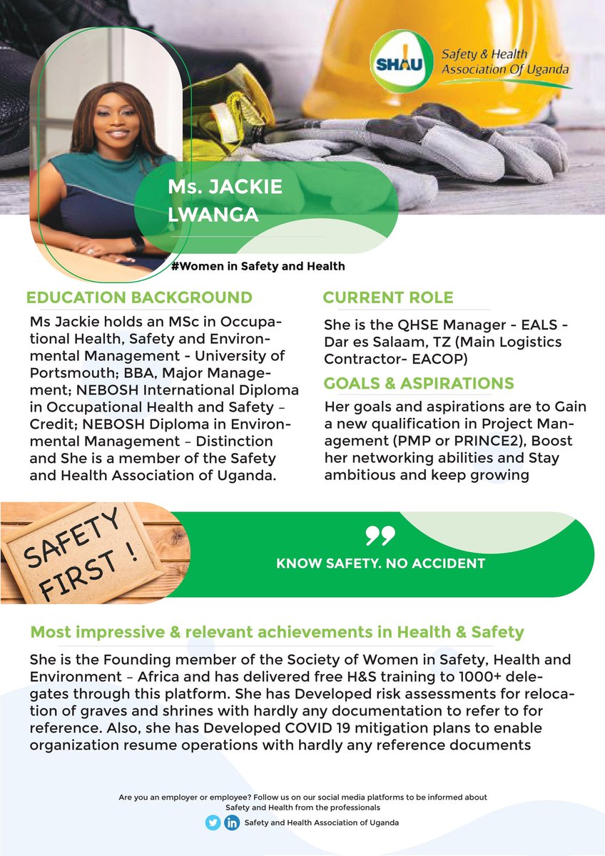 SHAUonline's tweet photo. #SHAU celebrates #IWD2023.
Meet @lwanga_musoke a member of SHAU.
#JackieLwanga is the founding member of the society of Women in Safety, Health and Environment - Africa (#SOWSHE), a platform she has used to deliver free #EHS training 1000+ delegates.
#Womeninsafetyandhealth https://t.co/flMCCDlvsc