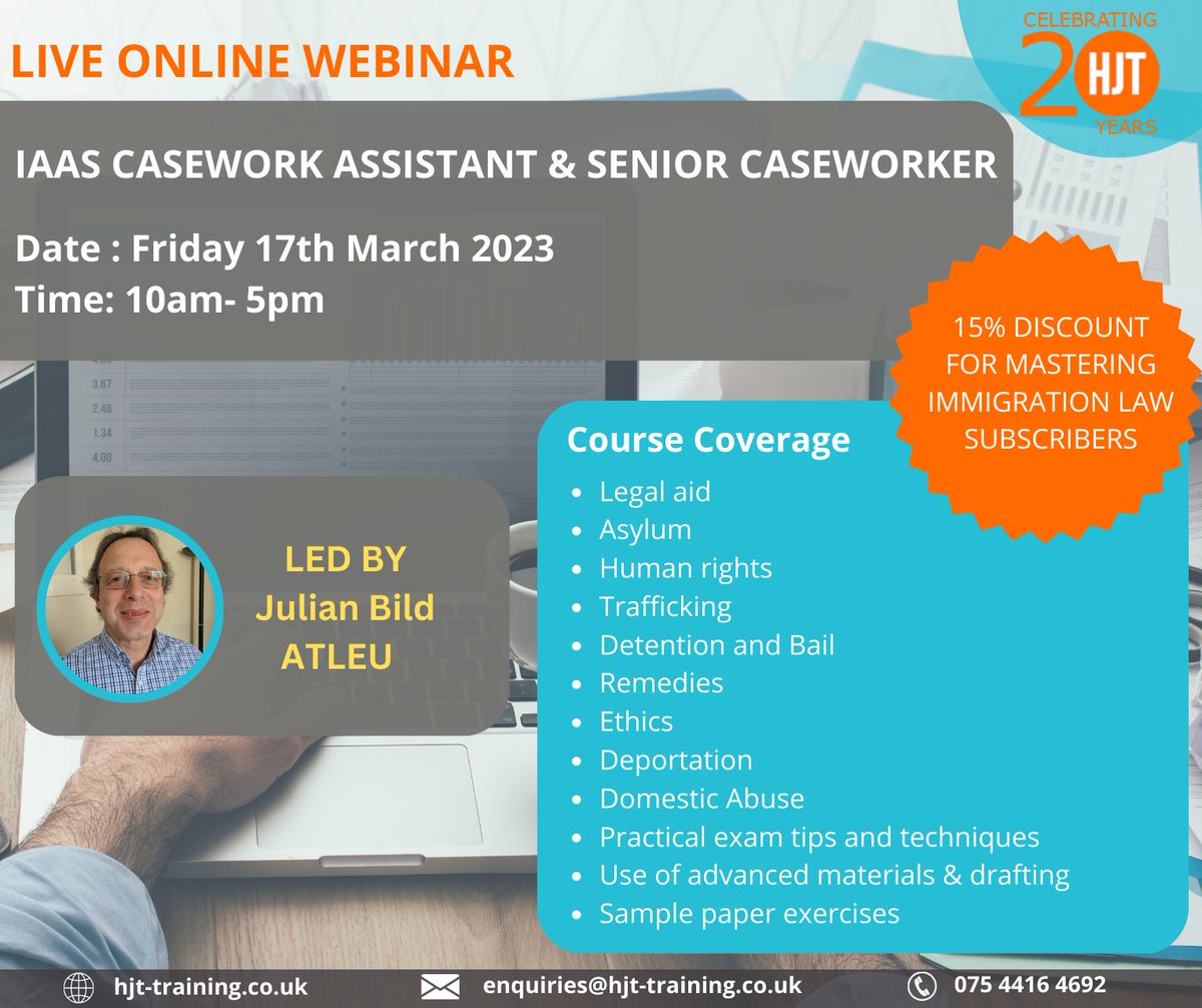 HJT_Training's tweet photo. Sitting for #IAAS #Casework Assistant or Senior Caseworker assessment? Join our expert @JulianBild Bild (also the IAAS exam writer and trainer) for a full day prep to help you sail through the exam https://t.co/i6XuzDCODa #lawsociety #ukvi #legalaid #exams #immigrationadvisor https://t.co/qGXxKBwTWb