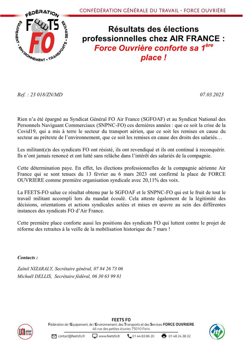 Résultats des élections professionnelles chez AIR FRANCE : FORCE OUVRIÈRE conforte sa 1ère place ! bit.ly/3Yq9OEK <a href="/FeetsFO/">FEETS FO</a> <a href="/force_ouvriere/">force_ouvriere</a> <a href="/FO_AF/">FO Air France</a> <a href="/SnpncAf/">SNPNC AF</a> <a href="/SouillotFo/">Souillot Frédéric</a>