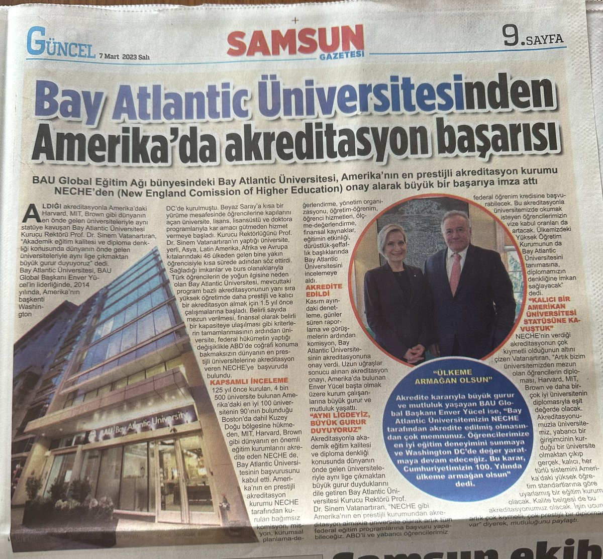 Savas_BOYAR's tweet photo. BAU Global Eğitim Ağı bünyesindeki Bay Atlantic Üniversitemizin ABD'nin en prestijli akreditasyon kurumu NECHE tarafından akredite edilerek Harvard, MIT,Brown gibi dünyanın önde gelen üniversiteleriyle aynı statüye kavuşması;
Samsun Basınında Geniş Yer Buldu. https://t.co/0kiNExEvw0