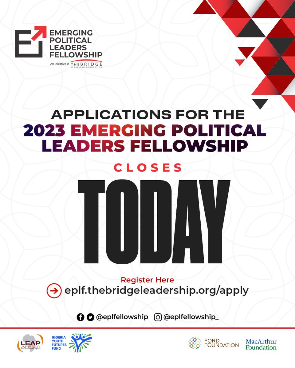 Applications for the Emerging Political Leaders Fellowship closes today!

If you are yet to complete your application process, kindly do so before 23:59 GMT+

ALL THE BEST!

@leapafrica @ng_youthfund @fordfoundation @macfound

#2023EPLFellowship 
#CallForApplications 
#2023Cohort