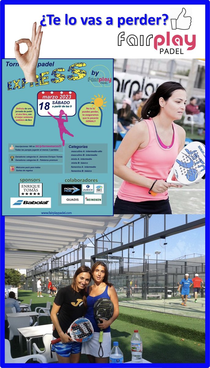 El sábado 18 de MARZO 👉 Llega un nuevo TORNEO EXPRESS by Fairplay‼️
Inscríbete en: bit.ly/torneomarzo23
Os garantizamos que lo pasaréis muy bien👍
fairplaypadel.com
#fairplaypadel #padel #padelbarcelona #padelfun #padeltime #lovepadel #torneoexpress #torneofairplay