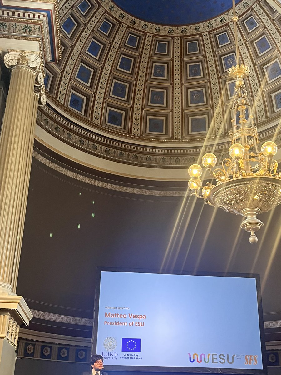 Emma___Svensson's tweet photo. Let’s go, the European Student Convention ( @ESUtwt ) is now opened. Speeches by @linnsvaerd , @matsperspektiv , @vespa_matteo and Lena Eskilsson. I’m excited to talk about sustainability at university and a sustainable future. #esc45 https://t.co/XhC9UquRU2