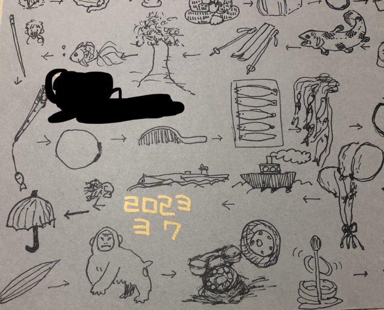 おじいちゃんボケ進んでて絵しりとりになってないですが、わしのシシャモの横の、「魚が滝を登ってるやつを開いて干して食べる」のと「船を鯨が引っ張ってる」やつが良い
おばあちゃんが描いた留守番電話も良い 