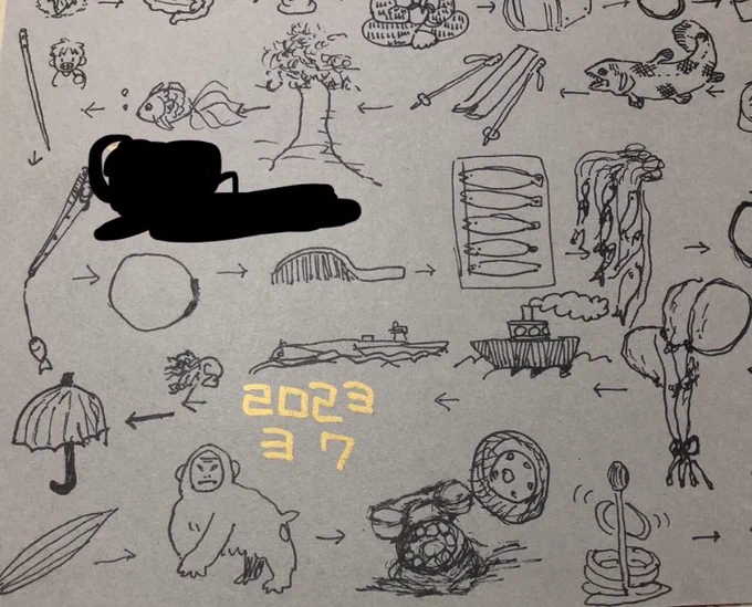 おじいちゃんボケ進んでて絵しりとりになってないですが、わしのシシャモの横の、「魚が滝を登ってるやつを開いて干して食べる」のと「船を鯨が引っ張ってる」やつが良い
おばあちゃんが描いた留守番電話も良い 