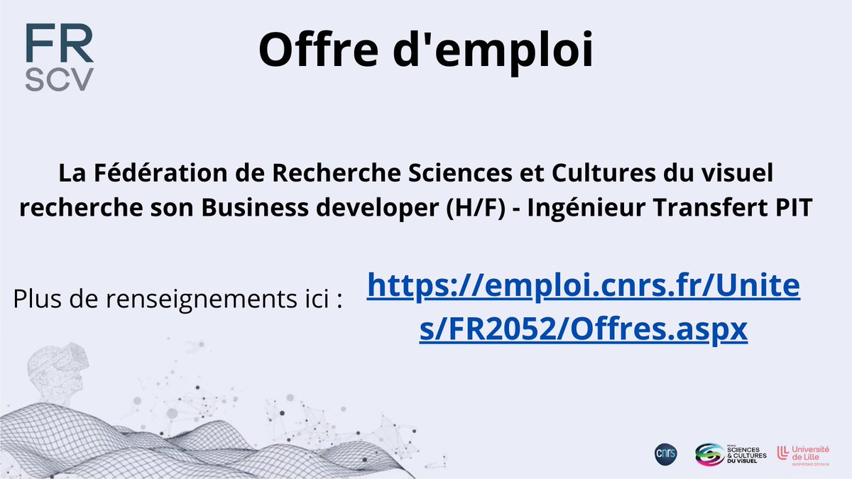 L'ingénieur devra valoriser les compétences &amp; résultats de la recherche scientifiques ainsi que les équipements de la plateforme de la Fédération auprès des entreprises, en particulier dans le secteur des Industries Créatives et Culturelles. emploi.cnrs.fr/Unites/FR2052/…