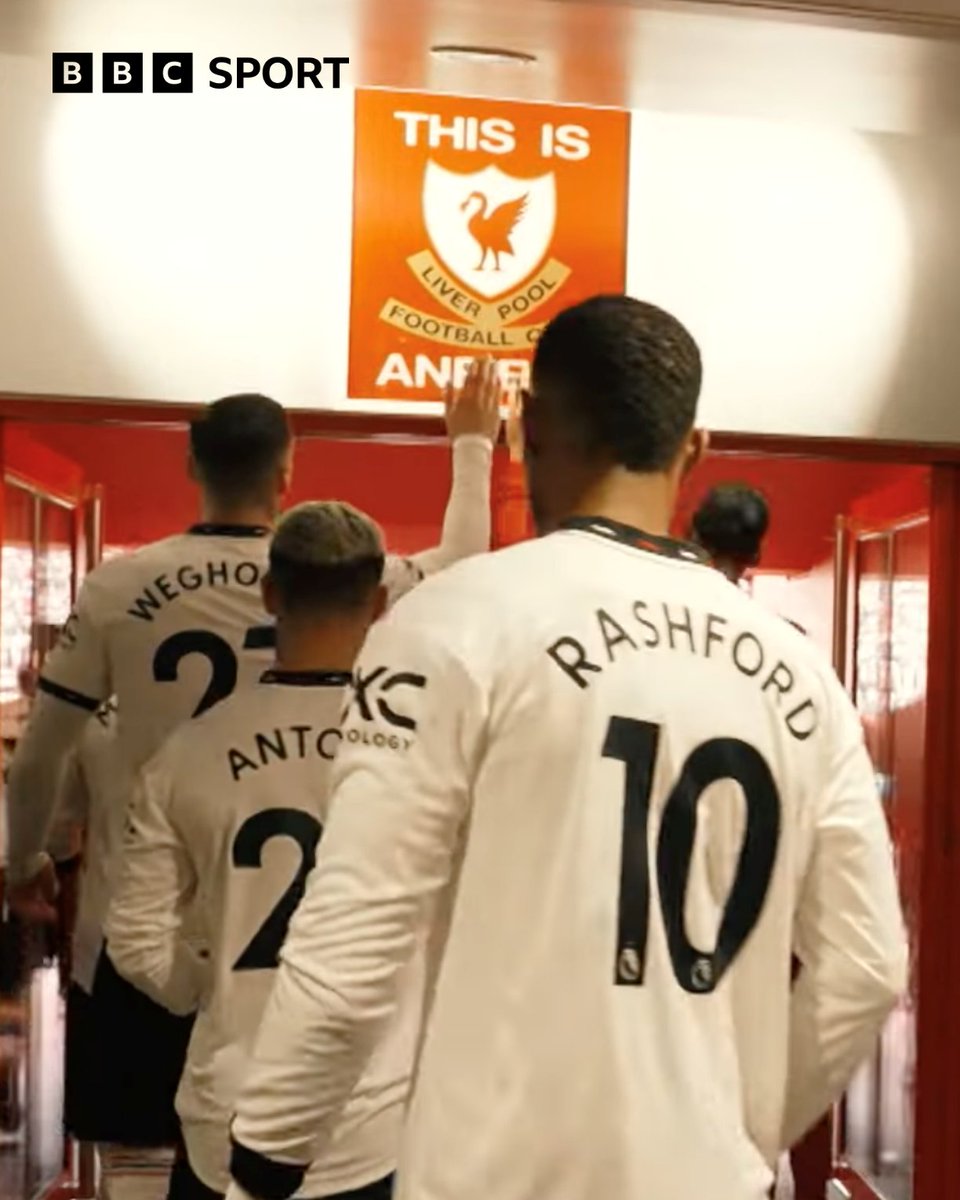 BBCMOTD's tweet image. Wout Weghorst touched the 'This Is Anfield' sign on Sunday 😬