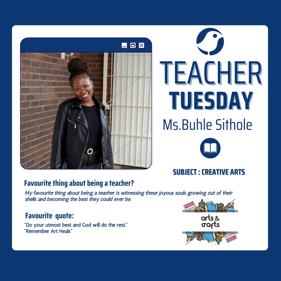 📚📖 T E A C H E R  T U E S D A Y  🥳🥳
Get to know Sparrow School's teachers!
Our #TeacherTuesday for this week is none other than our Creative Arts teacher, Ms Buhle Sithole!