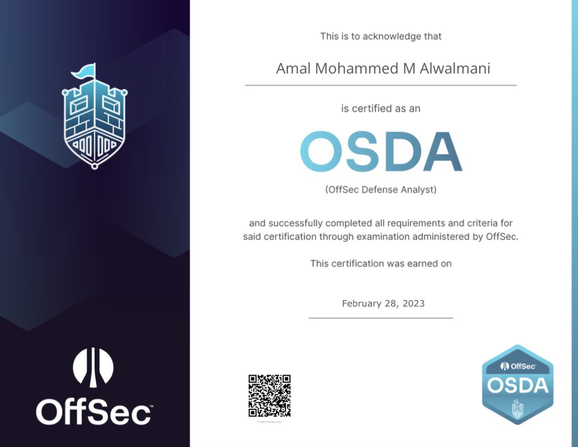 amalalwalmani's tweet image. OSDA Certified!                                                 #OSDA #offensive_security