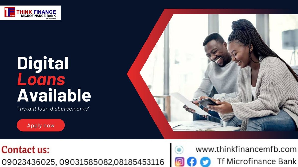 ThinkFinanceMFB's tweet image. We’ve got good news for you!
TF Microfinance Bank bank has got you covered with our digital loans of up to 5 million Naira on our Branchless Banking Channel to meet your financial obligations.

Sign up now to begin!
#microfinancebank #finance #digitalloans