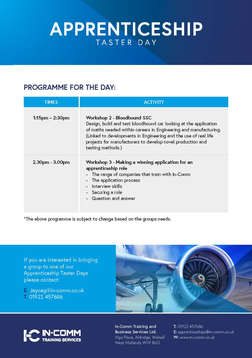 In-Comm Training Services are offering some exciting engineering and manufacturing apprenticeship taster days. If you are interested in applying please see or email Mrs Soulby. #apprenticeships #careers #NCW2023