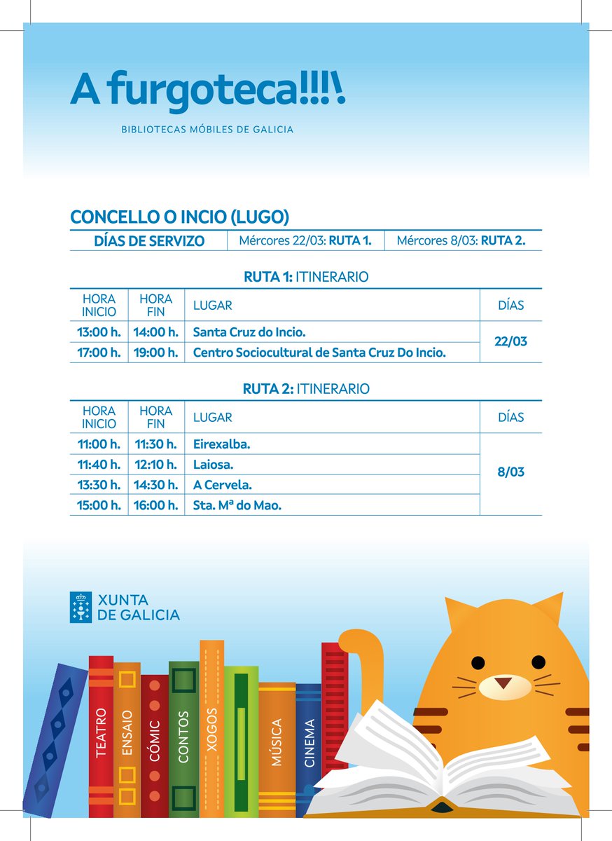 concellodoincio's tweet photo. #AFurgoteca   

🚎 A Furgoteca visita mañá O Incio.

Aquí tedes as paradas que fará.

📚 Achegádevos para recoller os vosos libros. https://t.co/esYdKEodY4