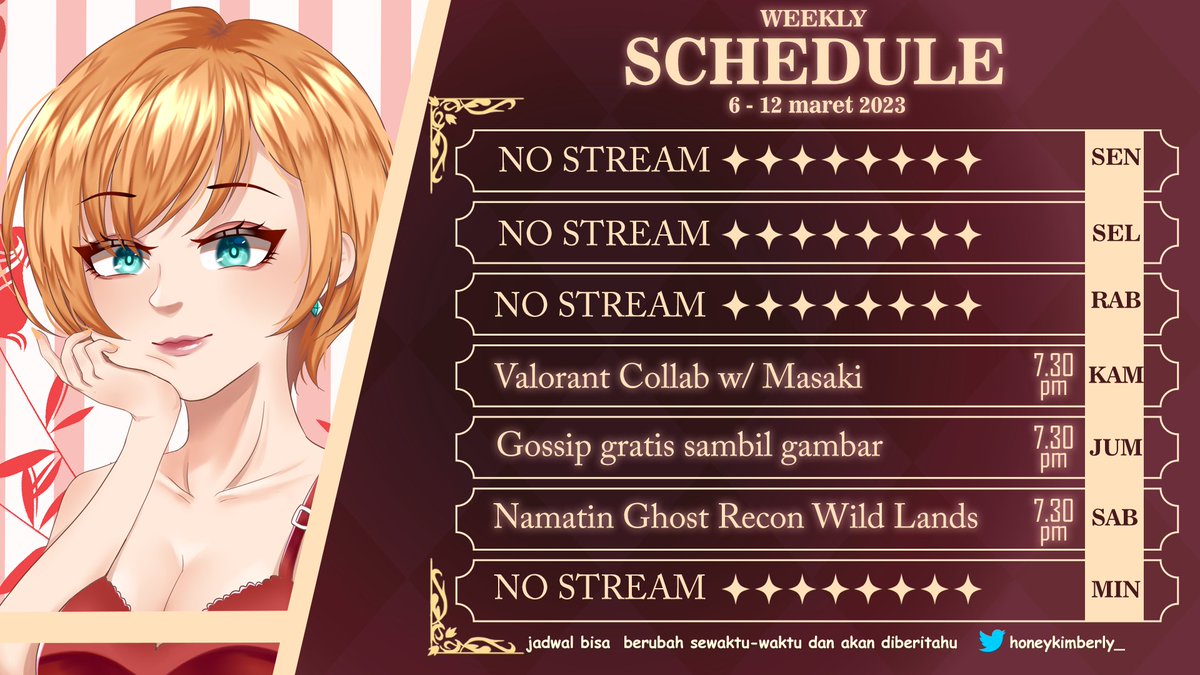 honeykimberly_'s tweet photo. Misi, skejul 🧡
📌✨6 - 12 march GMT +7✨📌
#Kimberlive - live
#Kimovie - nobar
#HoneyKimberly - general
#Kimeme - meme
#Kim_Illust - fanart
#Karaokim - Karaoke
.
Fan name: Kimberjoy
.
#VtuberID #VtuberEN #VTuberUprising https://t.co/jSlxB9bAzr