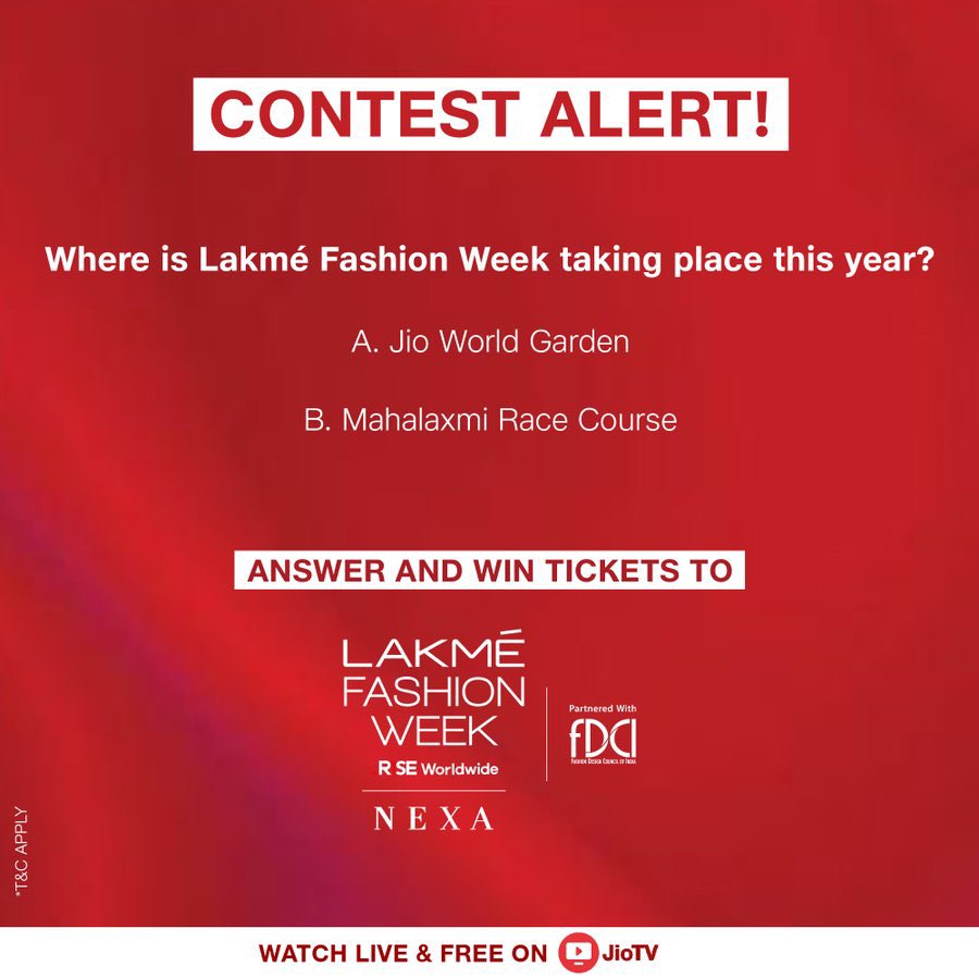 Are you ready to witness <a href="/LakmeFashionWk/">Lakmé Fashion Week</a> LIVE? ✨

Answer and get the chance to win tickets to #FDCIxLakméFashionWeek! 😍

To participate: Answer, Like &amp; Follow #JioTV and Tag your friends!

<a href="/fdciofficial/">FDCI</a> #LakmeFashionWeek #LFW #ContestAlert #ContestIndia #GiveawayAlert #Contest