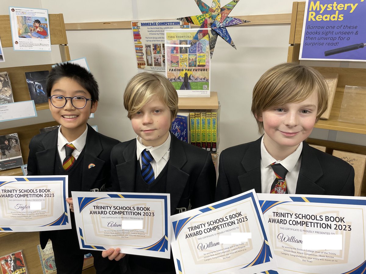 DCWodehouse's tweet photo. Congratulations to Taylor (year 8), Adam (year 7), and William (year 7): our finalists for the @TSBA_UK pupil response competition! Their book reviews & artwork will go through to the final, and we are off to the Awards Ceremony 26 April. #TSBA23 @DulwichCollege @chandlerlibdc https://t.co/wPvyugtKRp