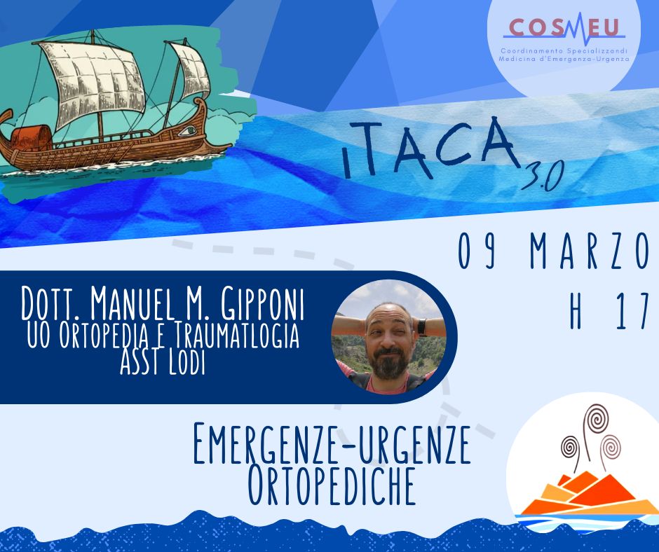 Questa settimana nuovo incontro del progetto Itaca 3.0.
Vi aspettiamo giovedì 9 marzo per parlare di emergenze e urgenze ortopediche con il Dott. Gipponi.
Link alla diretta sul nostro sito ufficiale: cosmeu.wordpress.com
 #gomeu #gocosmeu #CompetenceMatters #goCoSMEU