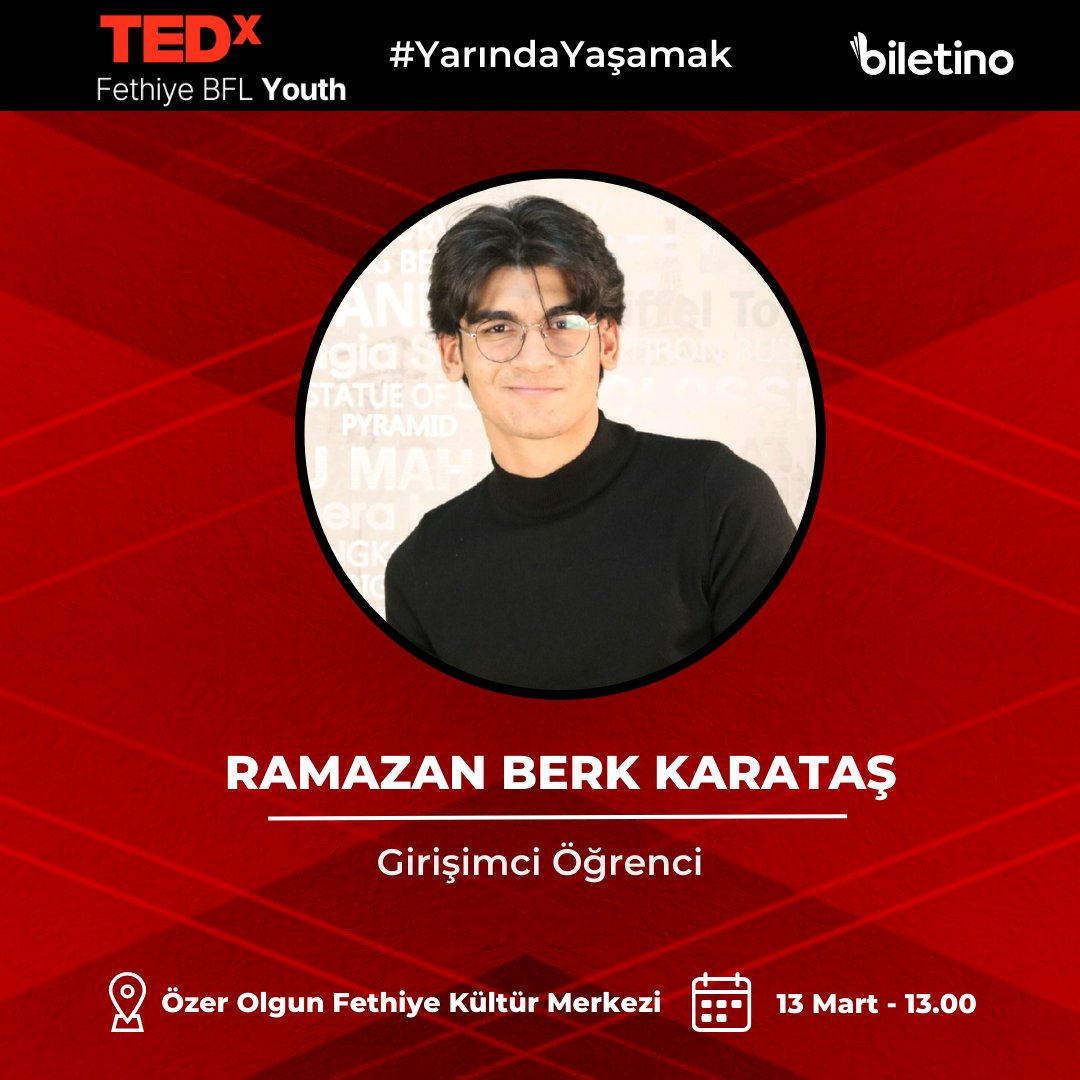 13 Mart'ta Fethiye'de sevgili @berkkaratas95  bizimle birlikte olacak 🎉

🎫 Biletlere profilde bulunan sitemizden veya Bilet Satış Noktaları'ndan erişebilirsiniz!

#YarındaYaşamak #tedx #tedxtalks #tedxfethiye