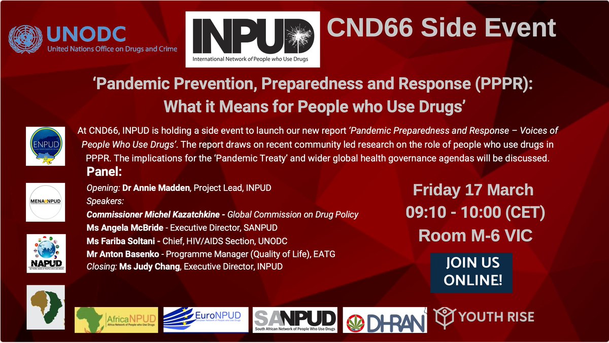 'Pandemic Prevention, Preparedness and Response' (PPPR): What it means for People who Use Drugs!

On 17th March, at CND66, side event by @INPUD @africanpud @enpud @euronpud @MENANPUDOFCL @wearenapud @SANPUD_NPO @DHRAN3 @YouthRISE