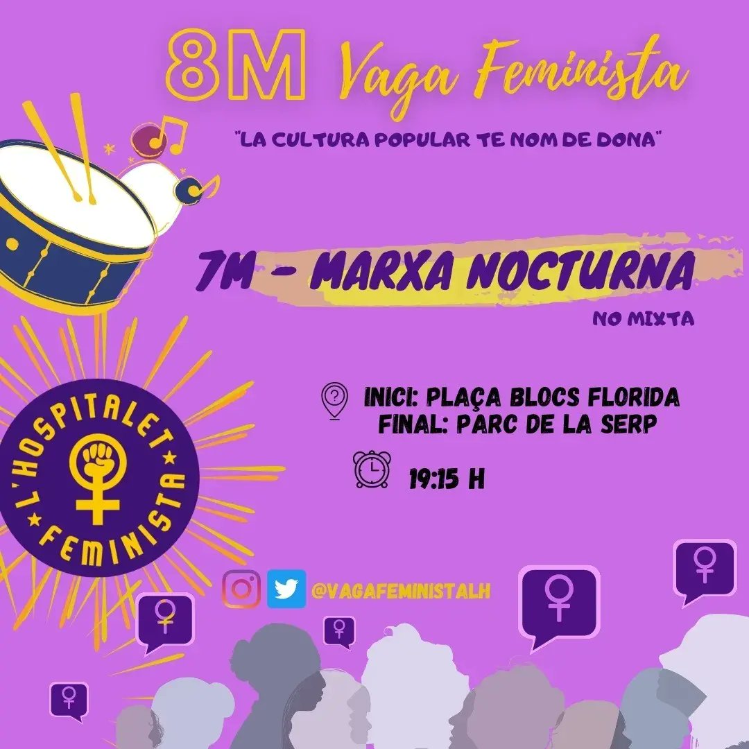 La cultura popular te nom de dona!
Aquesta tarda les dones de #LHospitalet ens farem sentir!
🟣Pel dret a gaudir de l'espai públic, la nit i la cultura popular!
Us hi esperem a totes! ♀️💪